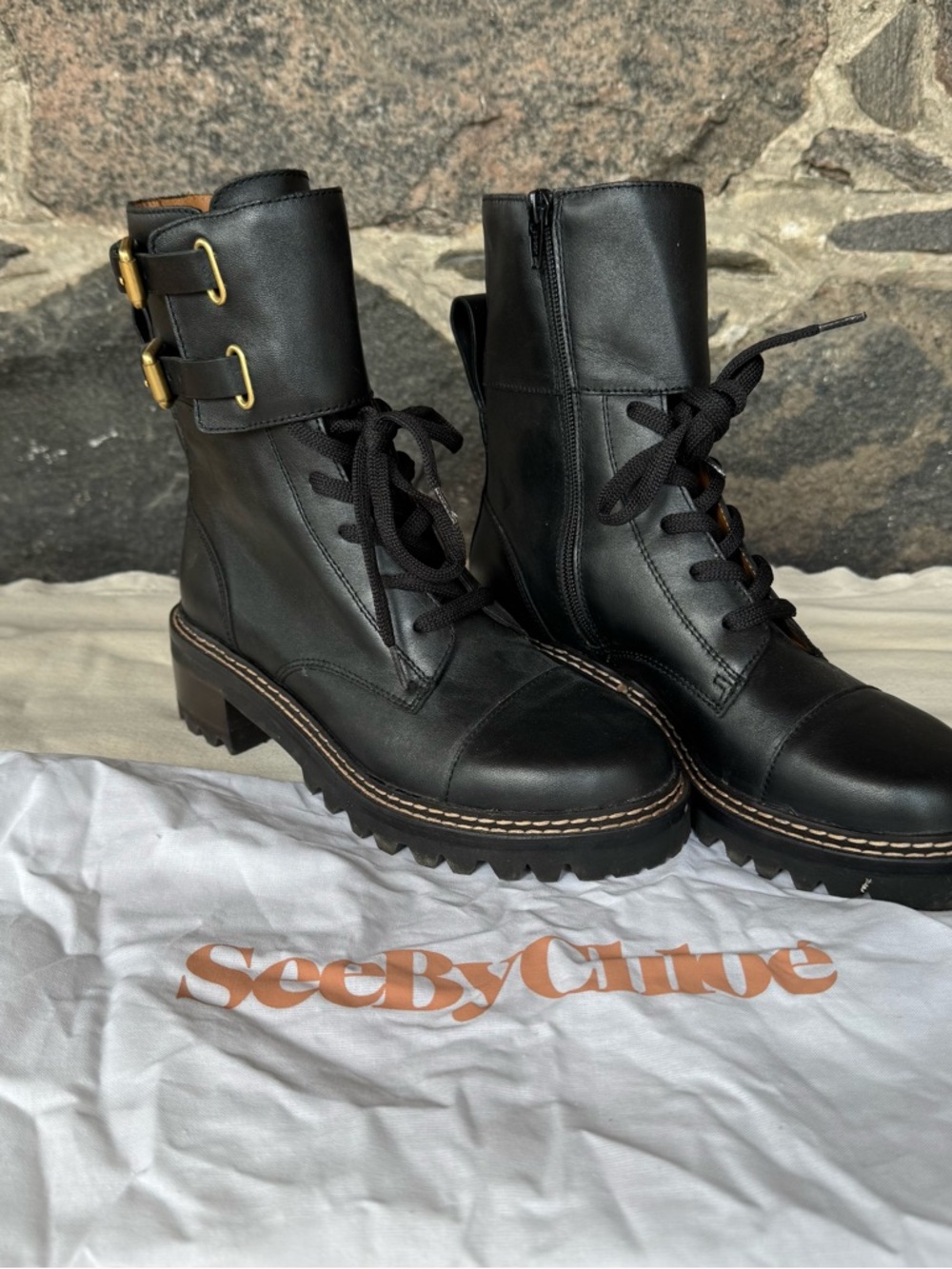 See By Chloe Black Leather Lace-Up Ankle Boots with Gold Buckles